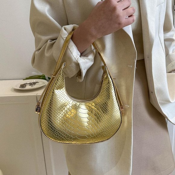 Handbags - Crocodile Embossed Mini Bag in Gold Metallic